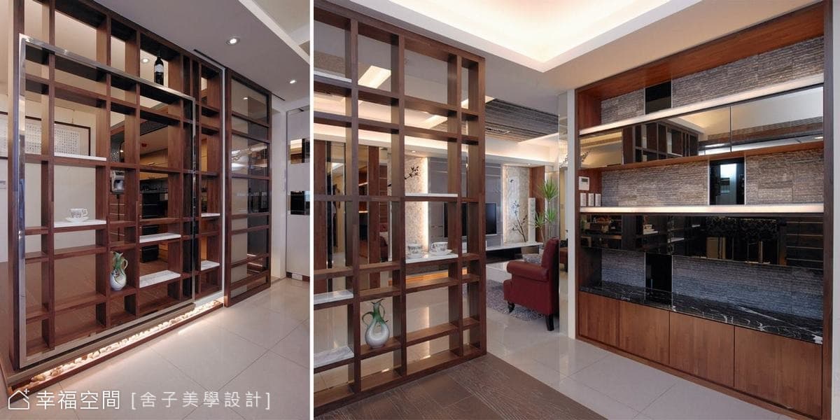 餐廳與廚房、吧檯間的格狀隔屏